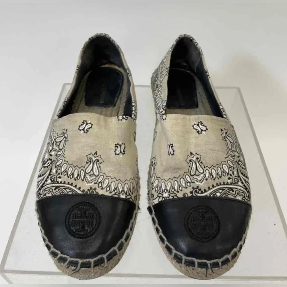 TORY BURCH IVORY AMERICANA BANDANA‎ COLOR BLOCK FLAT ESPADRILLE 7.5